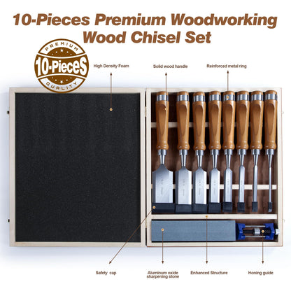 10 Pieces Wood Chisel Set, 1/4"~2" Woodworking Chisel Kit with Sharp CR-V 60 Steel Blades, Wooden Box, Honing Guide, Sharpening Stone for Carpenter Craftsman Woodworker