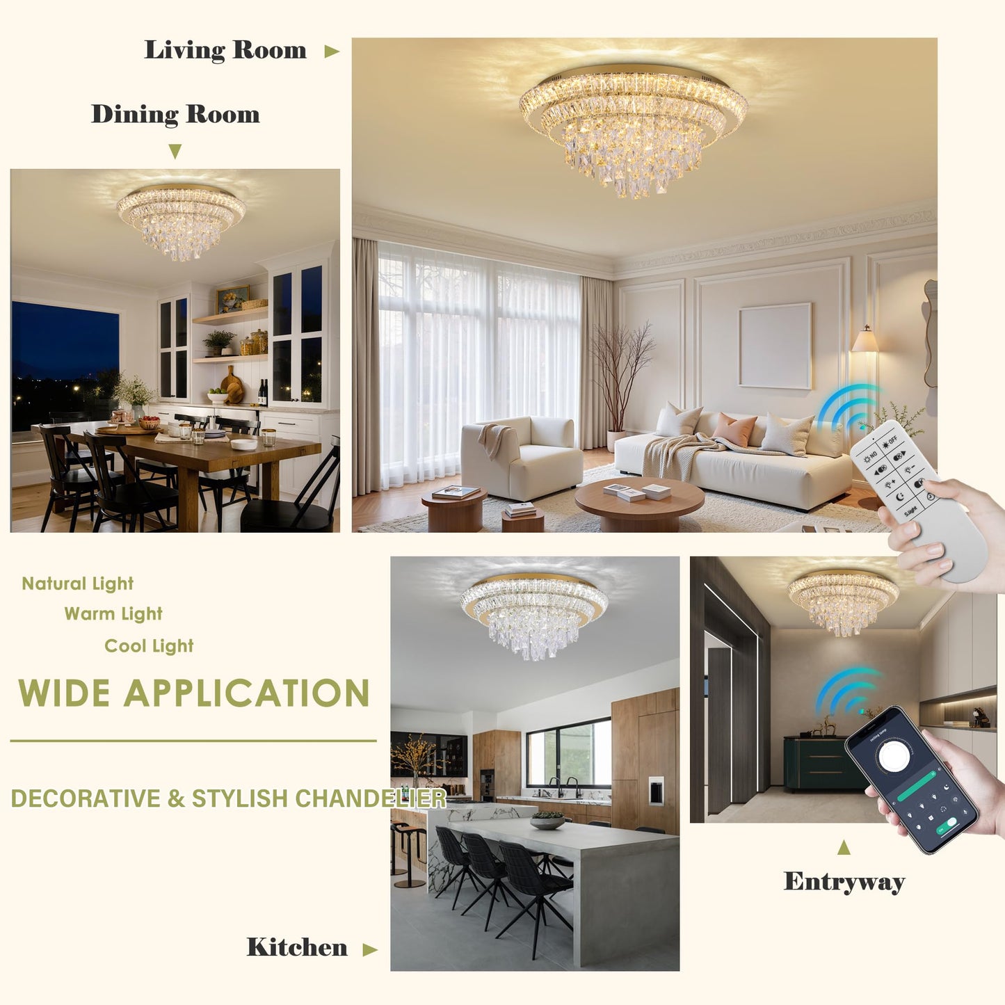 24 inch Flush Mount Crystal Chandelierse with Remote and APP Gold, Modern Elegant LED Crystal Raindrop Ceiling Light Fixtur, 3CCT Dimmable, for Living Room Kitchen Island Bedroom Entryway Foyer