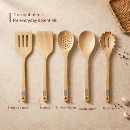 Koppen Rubber Wood Kitchen Utensils Set, Durable Wooden Cooking Spoon and Spatula Ladle for Nonstick Cookware, Non Toxic, Heat Resistant, Smooth Grip, Modern Elegant Design for Everyday (5 Piece Set)