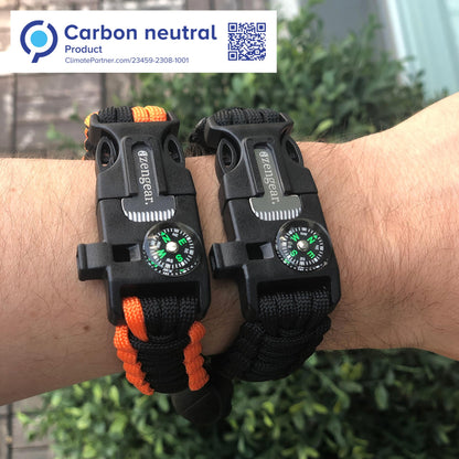 aZengear Paracord Survival Bracelet (2 Pack) | Flint Steel Fire Starter, Whistle, Compass, Mini Saw | Adjustable Wrist Band Size for Camping, Bushcraft, Emergency Kit (Black & Orange)