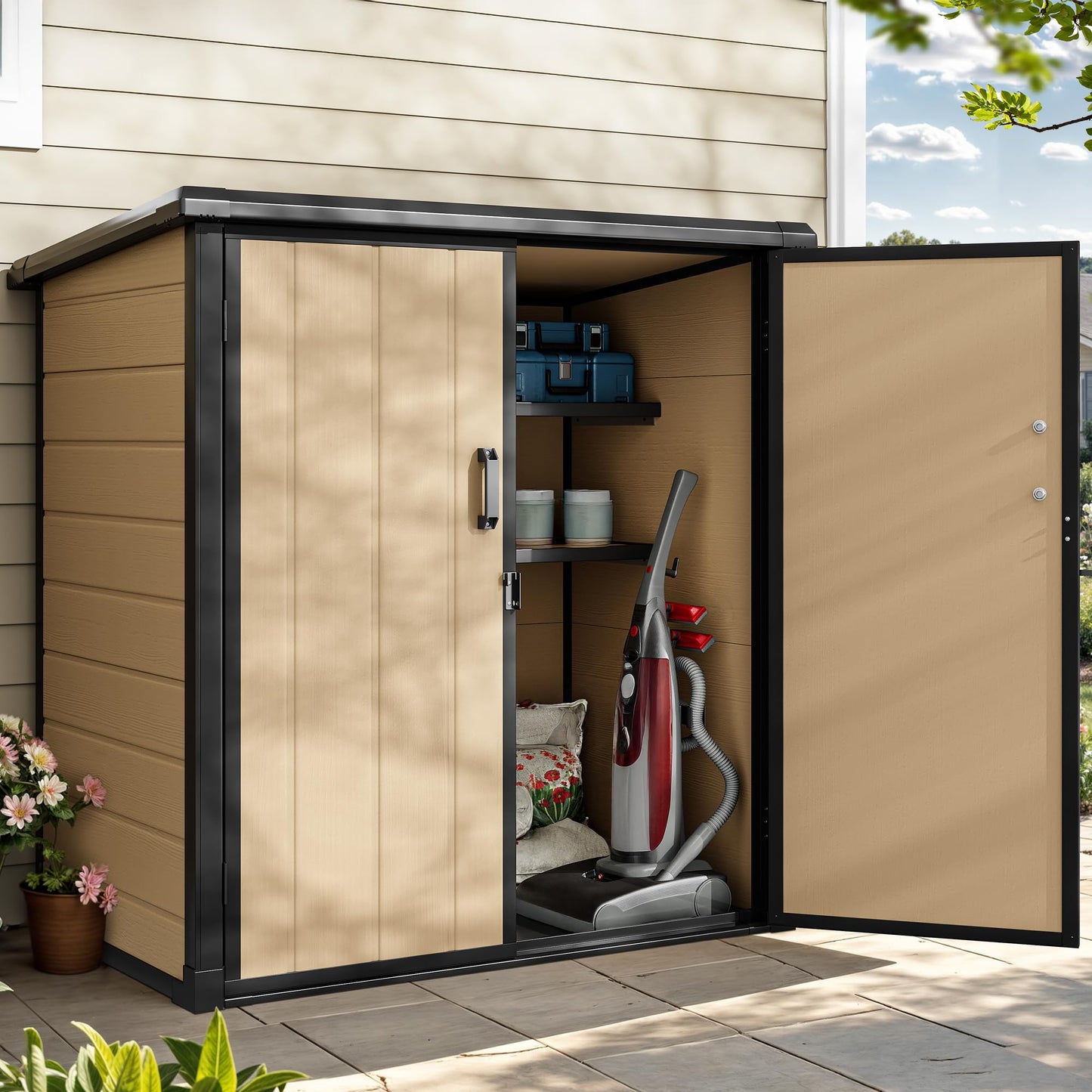 DWVO 4.2x2.6ft Outdoor Storage Shed with 2 Shelves, 54 Cu Ft Waterproof Resin Garden Shed with Floor & Lockable Door, Plastic Tool Cabinet for Garbage Cans, Lawn Equipment, Garden Supplies (Brown)