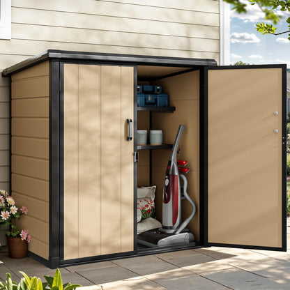 DWVO 4.2x2.6ft Outdoor Storage Shed with 2 Shelves, 54 Cu Ft Waterproof Resin Garden Shed with Floor & Lockable Door, Plastic Tool Cabinet for Garbage Cans, Lawn Equipment, Garden Supplies (Brown)