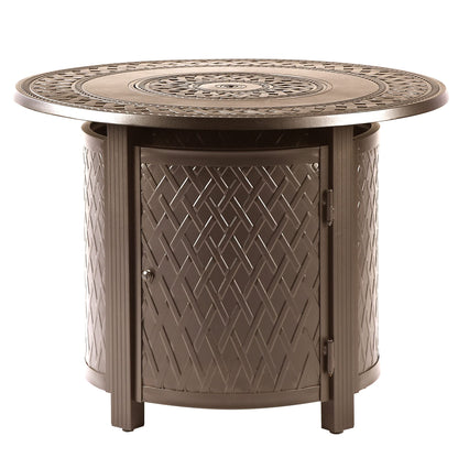 Oakland Living Round 34 in. x 34 in. Aluminum Propane Fire Pit Table with Glass Beads, Two Covers, Lid, 37,000 BTUs in Brown Finish