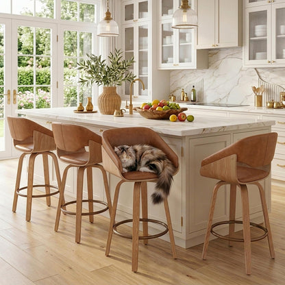 HNY 26 Inch Swivel Bar Stools with Back Set of 4, Brown Faux Leather Upholstered Counter Height Barstools with Solid Bentwood Frame, Round Footrest, Modern Barrel Counter Stools for Kitchen Island