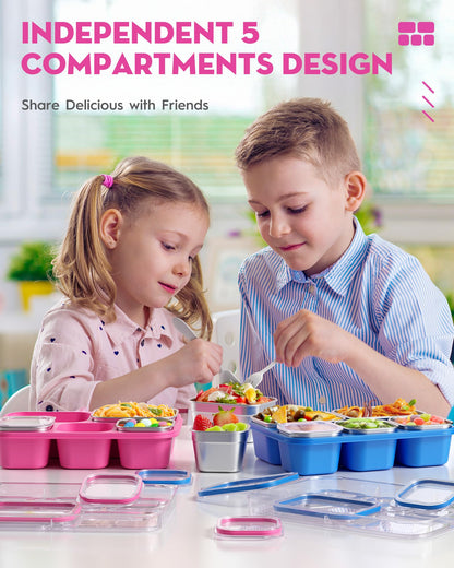 BiuLeon Snackle Box Containers, Stainless Steel 5 Compartments Divided Serving Tray with Lid, Removable LeakProof Portable Bento Box for Fruit Candy Nuts Food - School, Picnic and Travel（Pink）