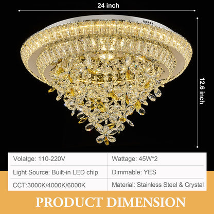 24 inch Sliver LED Crystal Ceiling Light, Flush Mount Chandeliers with Remote and APP Control, 3CCT Dimmable, Modern Elegant Raindrop Chandelier Light Fixture for Bedroom Dining Room Living Room Foyer