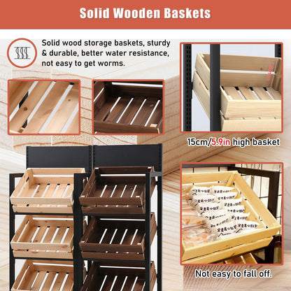 Rolling Kitchen Organizer Cart - Storage Rack with Wire Baskets.4-Tier Fruit & Vegetable Display Stand - Wooden Basket Market Shelf for Retail & Pantry - Large Capacity Snack Organizer for G