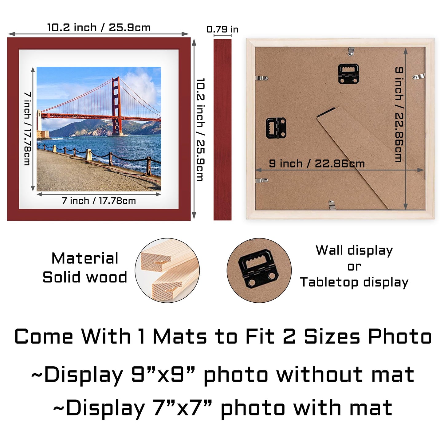 9x9 inch Wood Picture Frame for Wall Hanging or Tabletop Square Photo Frames with 1 Mats Display 7x7 inch for Baby Scan,Poster,Walls Decoration,Anniversary,Wedding,Christmas,Diamond Painting(Red)