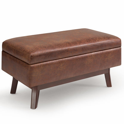 SIMPLIHOME Owen Small Rectangular Storage Ottoman - 36 inch Wide Upholstered Vegan Leather Lift-Top Ottoman in Distressed Saddle Brown, Mid-Century Modern Ottoman for Living Room with Tufted Detail