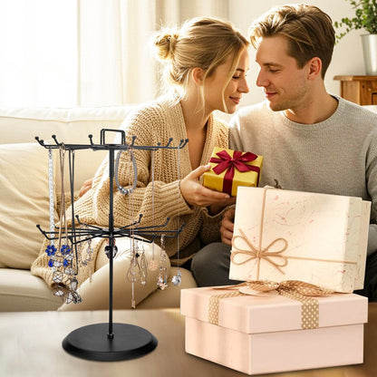MyGift 2 Tier Black Metal Rotating Necklace tree stand for vendor & bracelet holder Jewelry Stand with 24 Hooks, Multipurpose Accessory and Keychain Spinning Display with Top Handle Card organizer