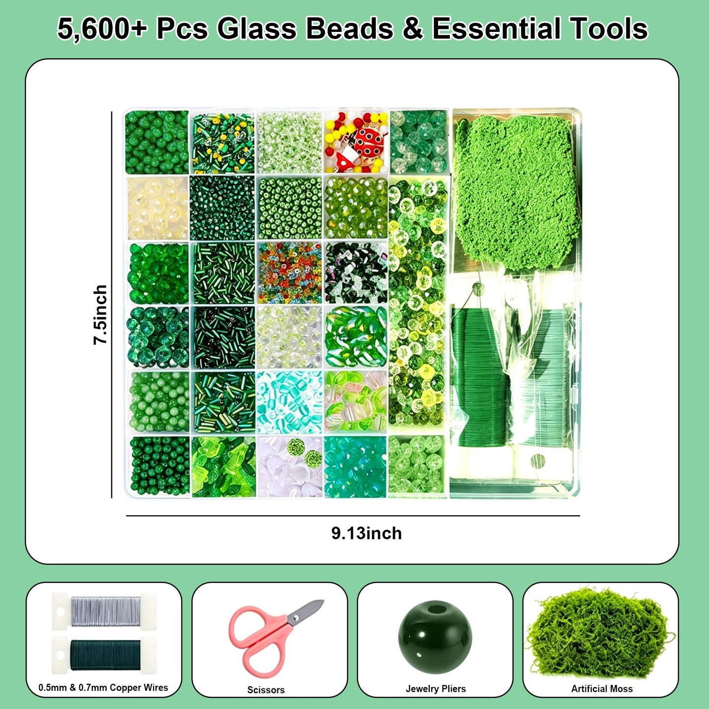 Yivioep 5600pcs Green Glass Beads Beaded Plant Kit for DIY Artificial Plants, Leaf Beads, Flower Beads, Crystal Beads, and Beads for Jewelry Making, for Sun Catchers Green
