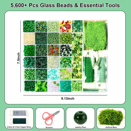 Yivioep 5600pcs Green Glass Beads Beaded Plant Kit for DIY Artificial Plants, Leaf Beads, Flower Beads, Crystal Beads, and Beads for Jewelry Making, for Sun Catchers Green