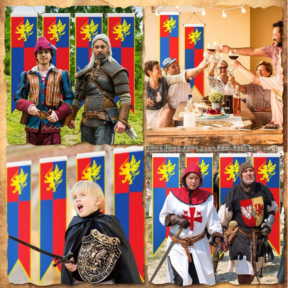 Oudain 4 ft Medieval Fantasy Pull-down Banner with Lion Design Hanging Party Bunting Banner Medieval Party Decorations Garden Cutouts Flag for Castle Theme Festival Birthday Decor(4 Pcs)