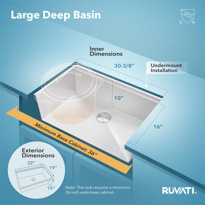 Ruvati 32-inch Undermount 16 Gauge Stainless Steel Workstation Kitchen Sink Single Bowl – Soundproof Multifunction Chef Sink with Cutting Board & Accessories, Brushed Finish Hides Scratches – RVH8300