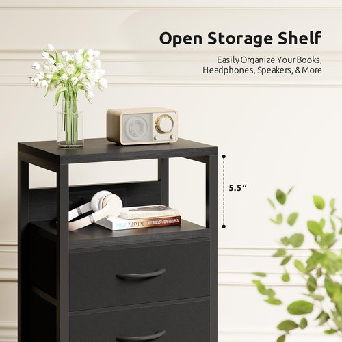 Lazzanto NightStand Bedside Charging Table Bedroom - Night Stand with Charger Station, Modern Nightstand with Open Shelf & 2 Fabric Drawers, Bed Side Table with USB-C Port for Dorm, Black