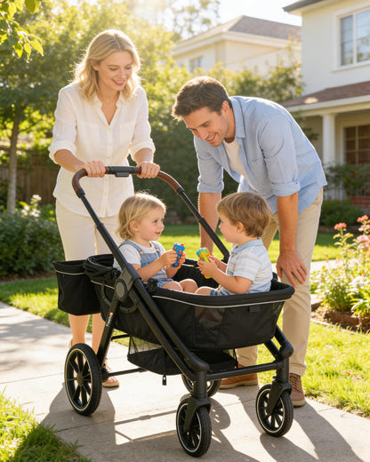Freetex Wagon Stroller for 2 Kids, Double Seat, All-Terrain with Removable UV-Protection Canopy, Adjustable Push/Pull Handle, Cup Holders & Snack Tray for Baby and Toddler