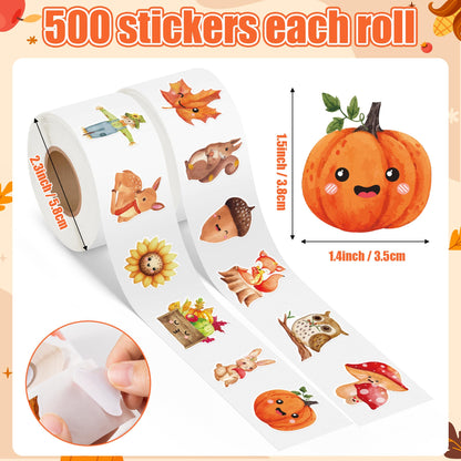 Haooryx Fall Watercolor Sticker Rolls - 1000pcs Fall-Theme Watercolor Pumpkin Maple Leaf Animal Stickers Self-Adhesive Waterproof Vinyl Thanksgiving Harvest Party Favor Page Activity Pad Card Making