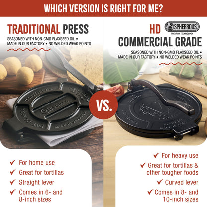 Victoria 8-Inch Cast Iron Tortilla Press HD Spherrous, Commercial-Grade Cast Iron Tortilla Maker, Roti Press, Pataconera Seasoned with Flaxseed Oil, Made in Colombia, Black