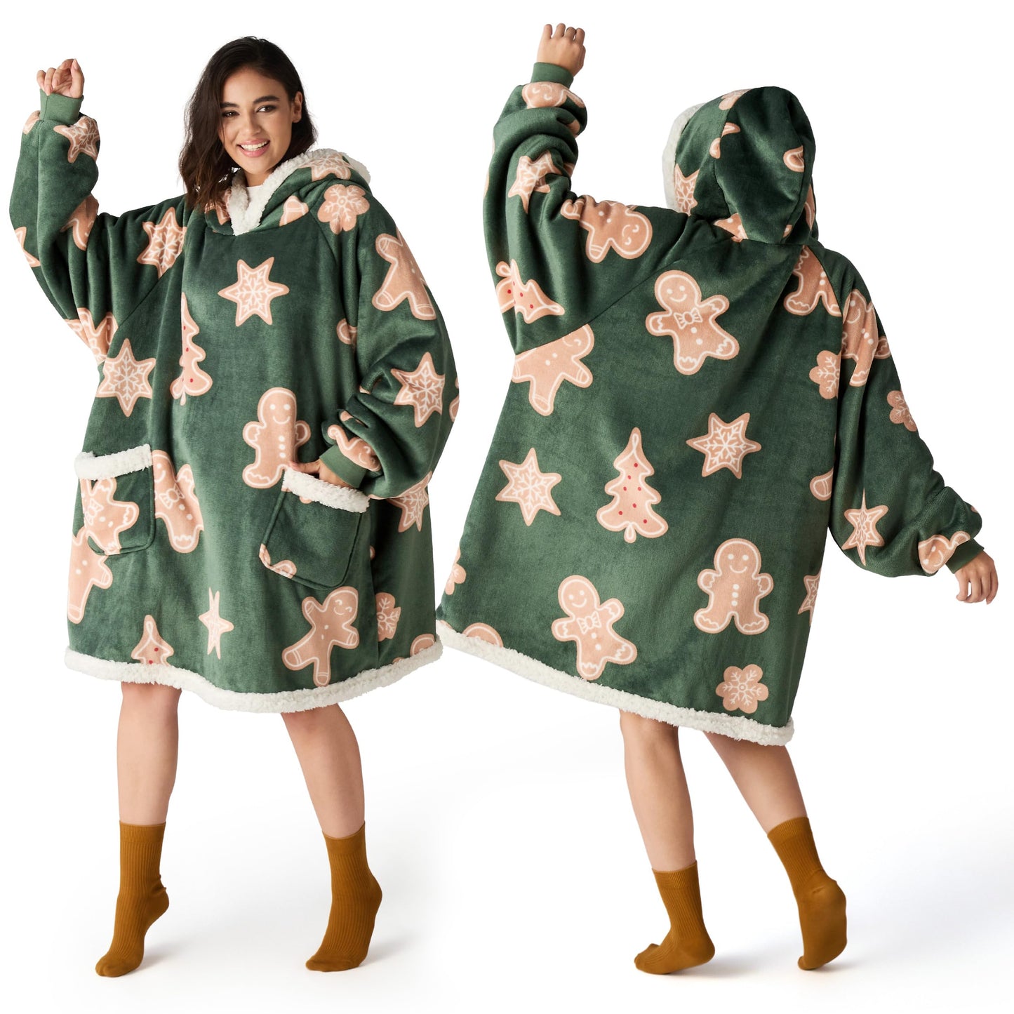 Bedsure Wearable Blanket Hoodie, Sherpa Hooded Blanket Printed for Adult & Kids as Gifts for Women, Mom Gifts Sherpa Hoodie, Standard, Gingerbread, Olive Green