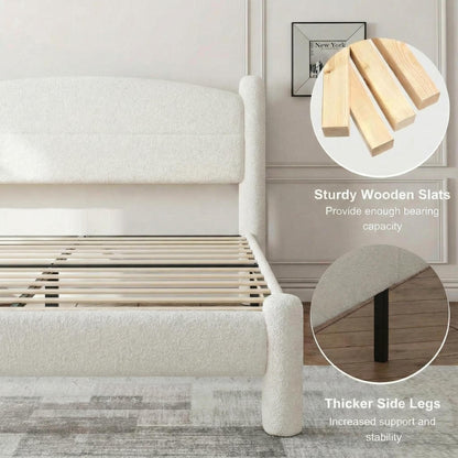 Garvee King Size Boucle Bed Frame, Upholstered Platform Cloud Bed with Soft Round Headboard & Cylindrical Legs, Heavy Duty & Noise Free, No Box Spring Needed, Easy Assembly, White