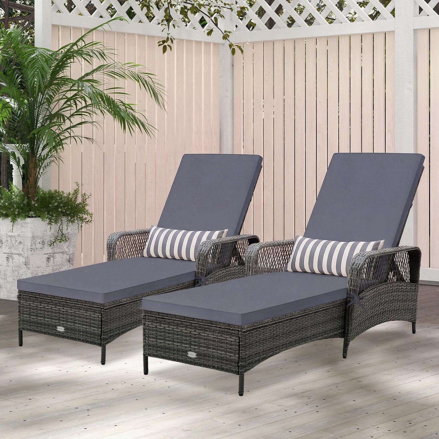 HAPPYGRILL 2PCS Patio Rattan Chaise Lounge, Outdoor PE Wicker Sun Lounger with Adjustable Backrest, Cushion & Pillow, Reclining Sunbed for Balcony Poolside Yard (Mix Gray & Gray)