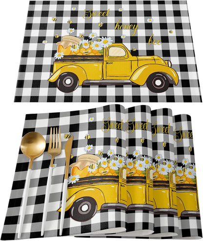 Sweet Honey Bee Placemats Set of 6, Washable Heat-Proof Table Mats for Kitchen Dinner Banquet, Summer Bee Yellow Truck