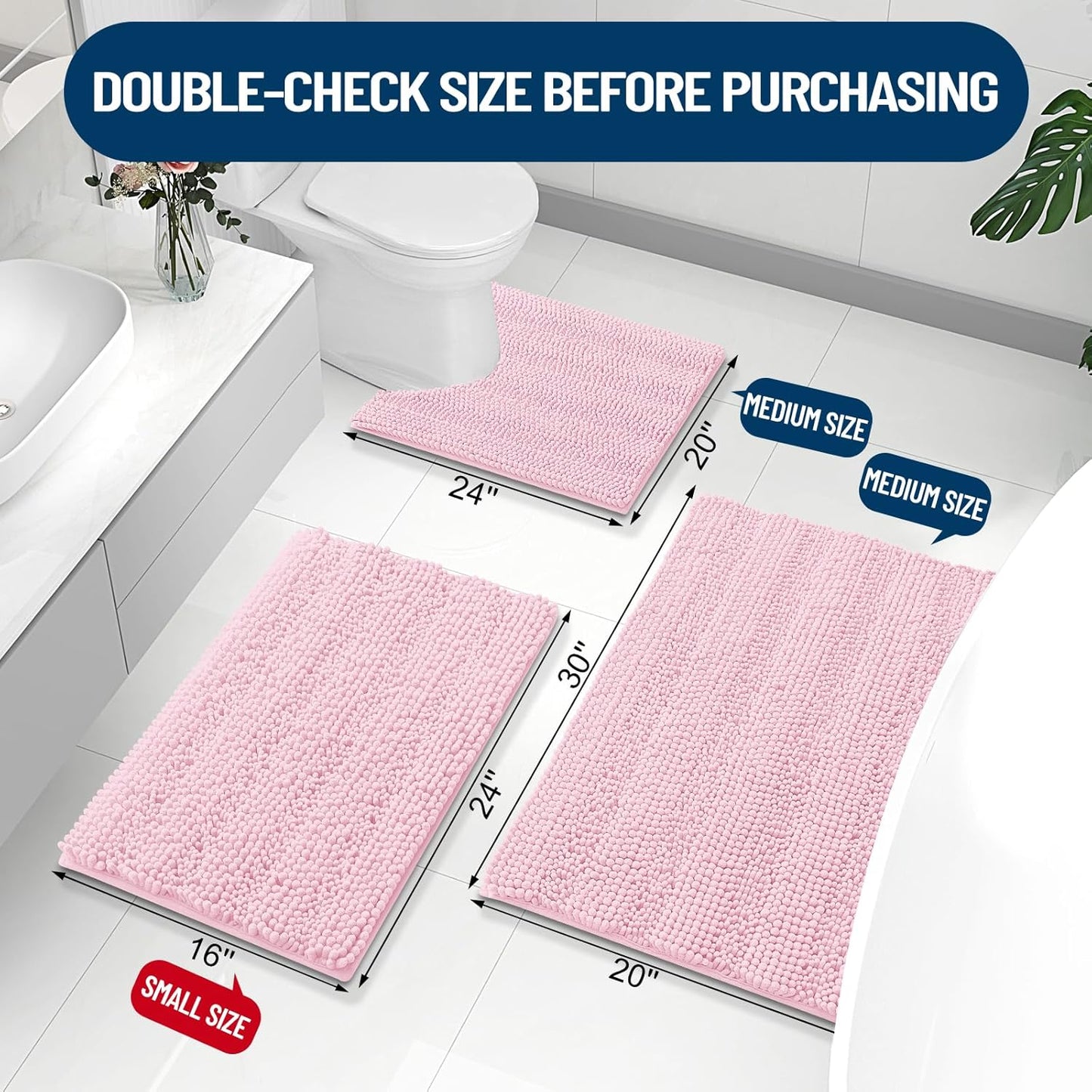 Grandaily Chenille Striped Bathroom Rugs, Extra Thick Non-Slip Soft Plush Bath Mats, Pink 30x20