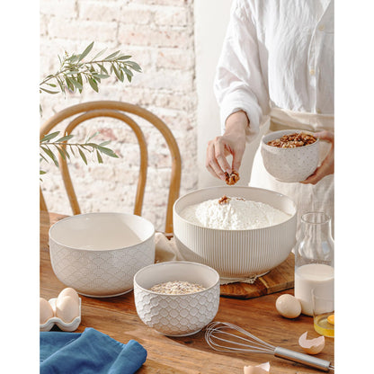 Mikiegy Ceramic Mixing Bowls Set of 4, Nesting Ceramic Embossment Stoneware Mixing Bowls for Cooking, Serving, Popcorn, Salad etc, Microwave & Dishwasher Safe, 20/44/98/145 oz, Off-White