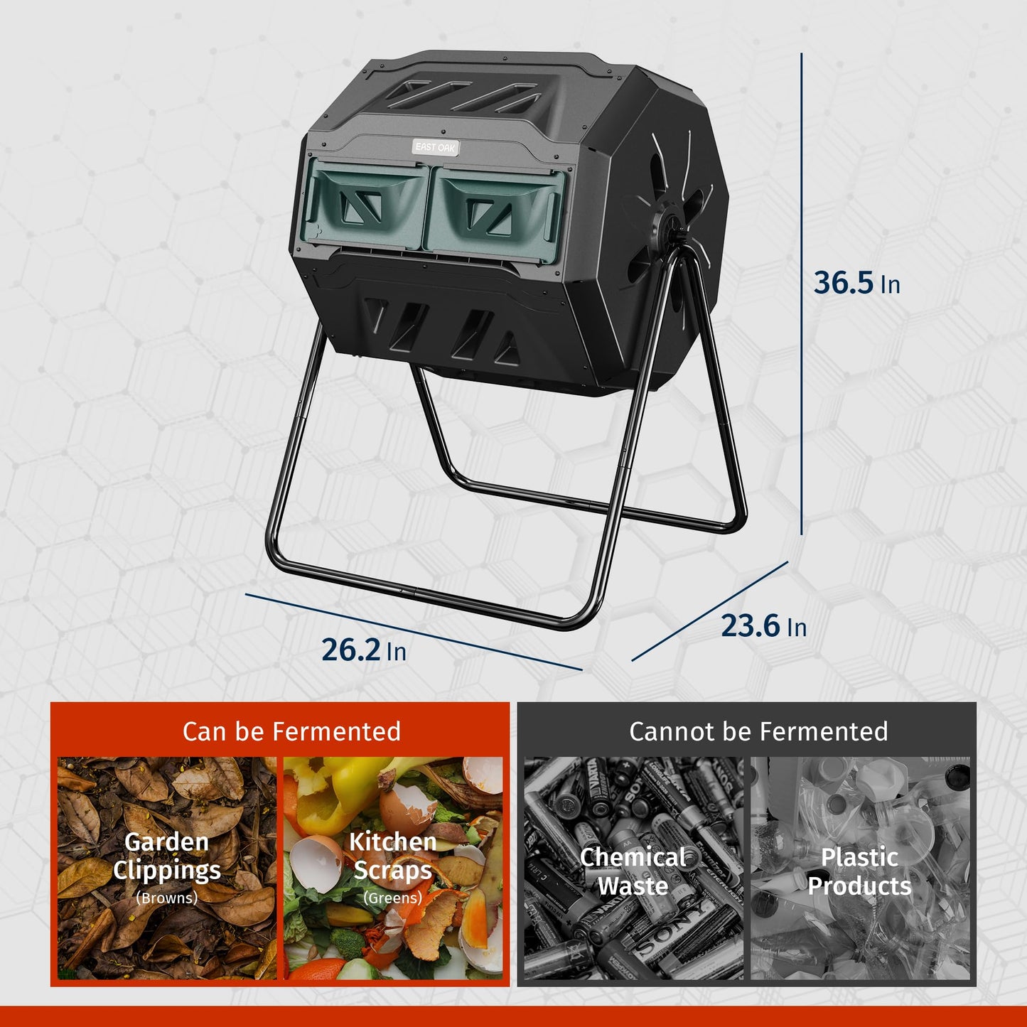 East Oak Compost Tumbler Outdoor, 43-Gal Dual Chamber Compost Bin with 2 Sliding Door and Aeration System, Tumbling Rotating Composter Bin for Kitchen, Garden, Yard