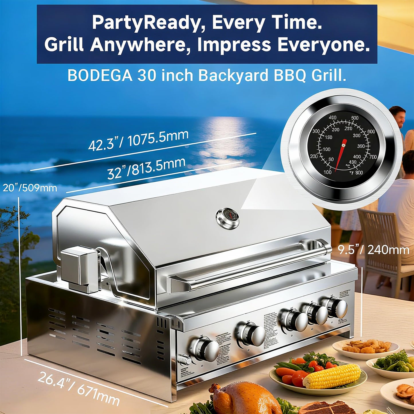 BODEGA 30 Inch Propane Gas Grill, 4x12000-BTU Gas Grill & 1x10000-Infrared Back Burner, Stainless Steel 5-Burner Propane Grill for Outdoor Kitchen, Rotisserie Chicken Fork Kit | Backyard BBQ, Camping.