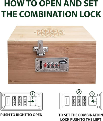 Miracles Bamboo Storage Box - Decorative Box with Lid and Combo Lock for Tea and Spice Storage