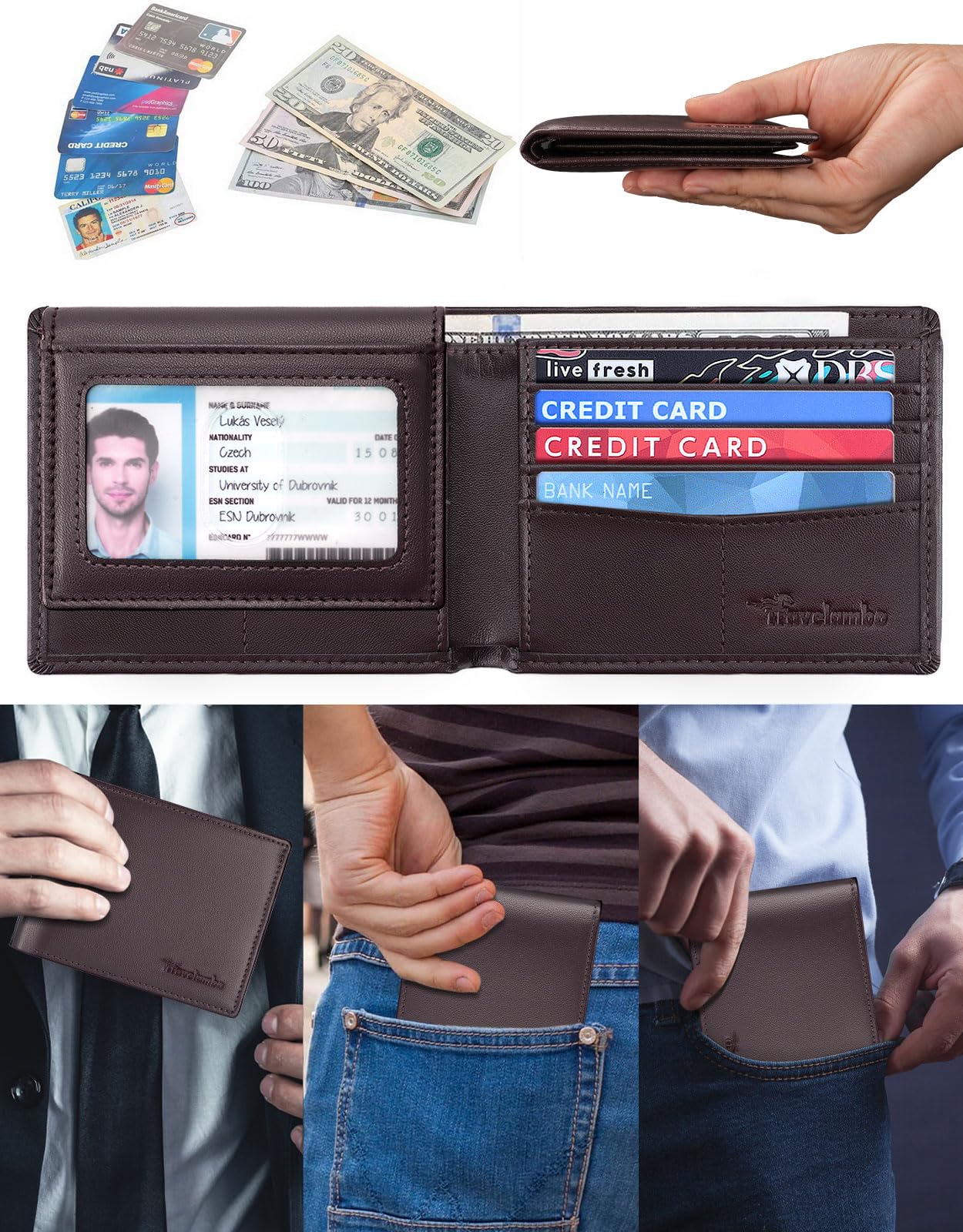 Wallet for Men, Premium Classic Mens Wallet Minimalist Slim Bifold Wallet, RFID Blocking Wallet with 10 Credit Card, 2 ID Window and 2 Cash Slots, Leather Compact Wallet, Front Pocket Card Holder
