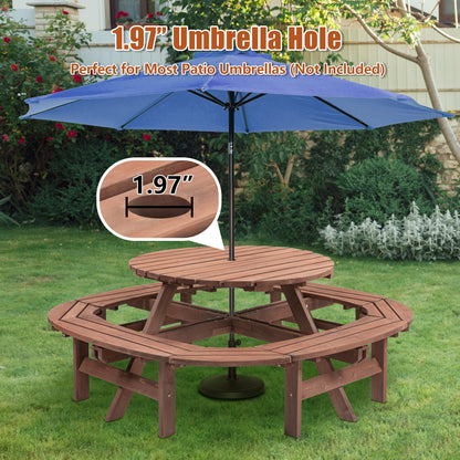 10-12 Person Round Outdoor Wooden Picnic Table with 1.97" Umbrella Hole, 70 Inch Heavy Duty Circular Backyard Patio Garden Table for Large Family Gathering, Rustic Fir Wood Dining Set, Walnut Brown