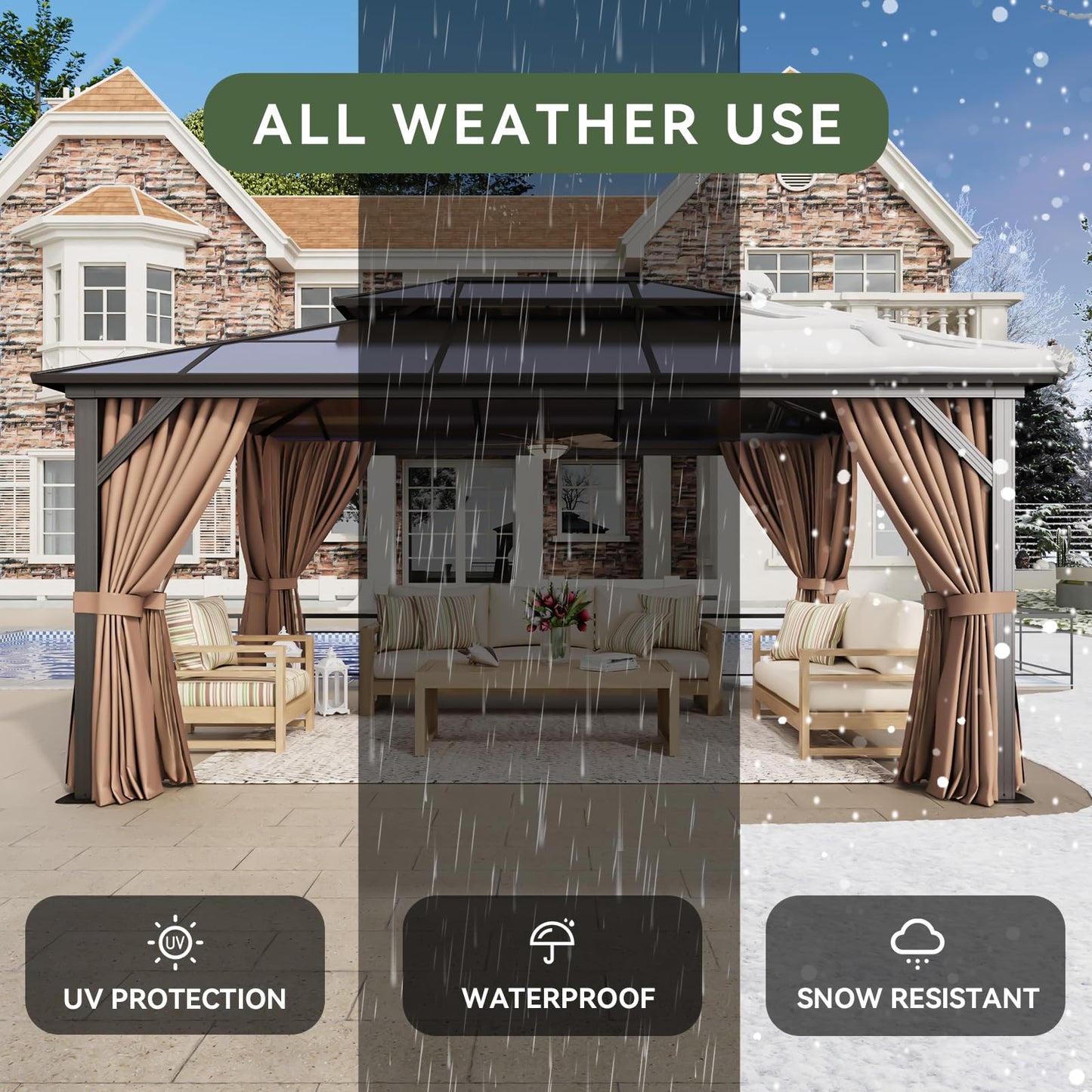 Aoxun 12'x16' Hardtop Gazebo, Outdoor Metal Gazebo with Double Polycarbonate Roof Canopy, Permanent Pavilion with Netting and Curtains for Lawn, Garden, Patio (Khaki)