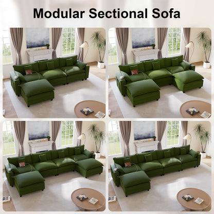 KCGKCG 116" Modular Sectional Sofa, U Shaped Cloud Couch with Movable Ottoman, Chenille Deep Seat Cloud Sofa with Charging Station, Cup Holder, Side Pocket, Sectional Couches for Living Room, Green