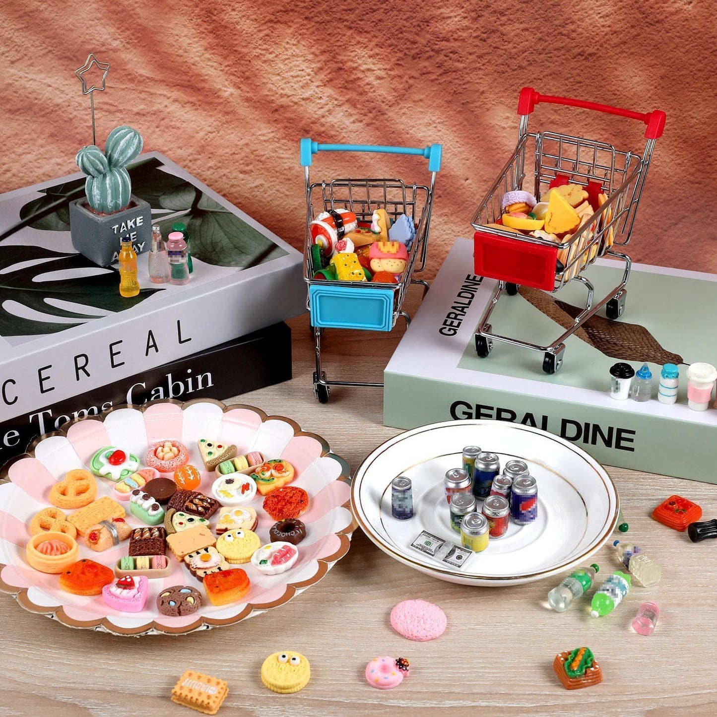 134pcs Mini Shopping Cart Basket Miniature Food Drink Bottle Supermarket Metal Handcart Toys Doll House Store Cosplay Game Dollhouse Grocery Fruit Cake Bread Party Trolley Model Dollar Bills