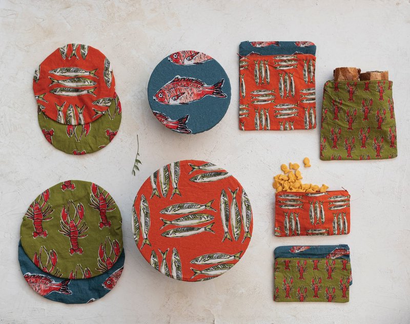 Creative Co-Op Cotton Zip Food Pouch with Sea Life Illustrations, Set of 3 Styles, Multicolor