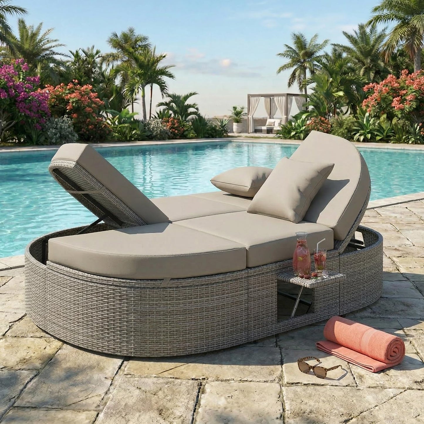 SoarFlash Outdoor Sun Bed Patio 2-Person Daybed, Rattan Sun Day Sofa Bed Reclining Lounger with Adjustable Backrests, Foldable Cup Trays for Lawn Poolside Deck Backyard (Grey)
