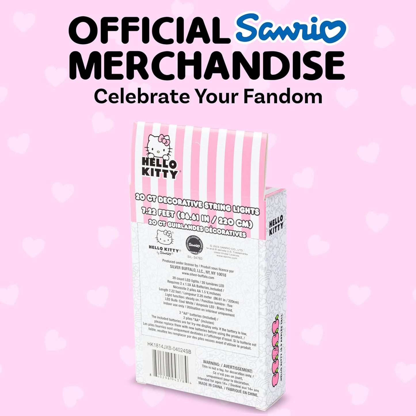 20ct 7 (2 Silver Buffalo Sanrio Hello Kitty Strawberry Dress Decorative String Lights, Feet Long, Battery Powered AA