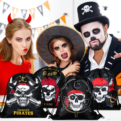 Kacctyen 24 Pcs Pirate Party Favor Goody Candy Treat Bags Halloween Pirate Captain Skull Gift Drawstring Bags for Boys Girls Adventure Themed Birthday Party Supplies Decoration(16 Pieces)