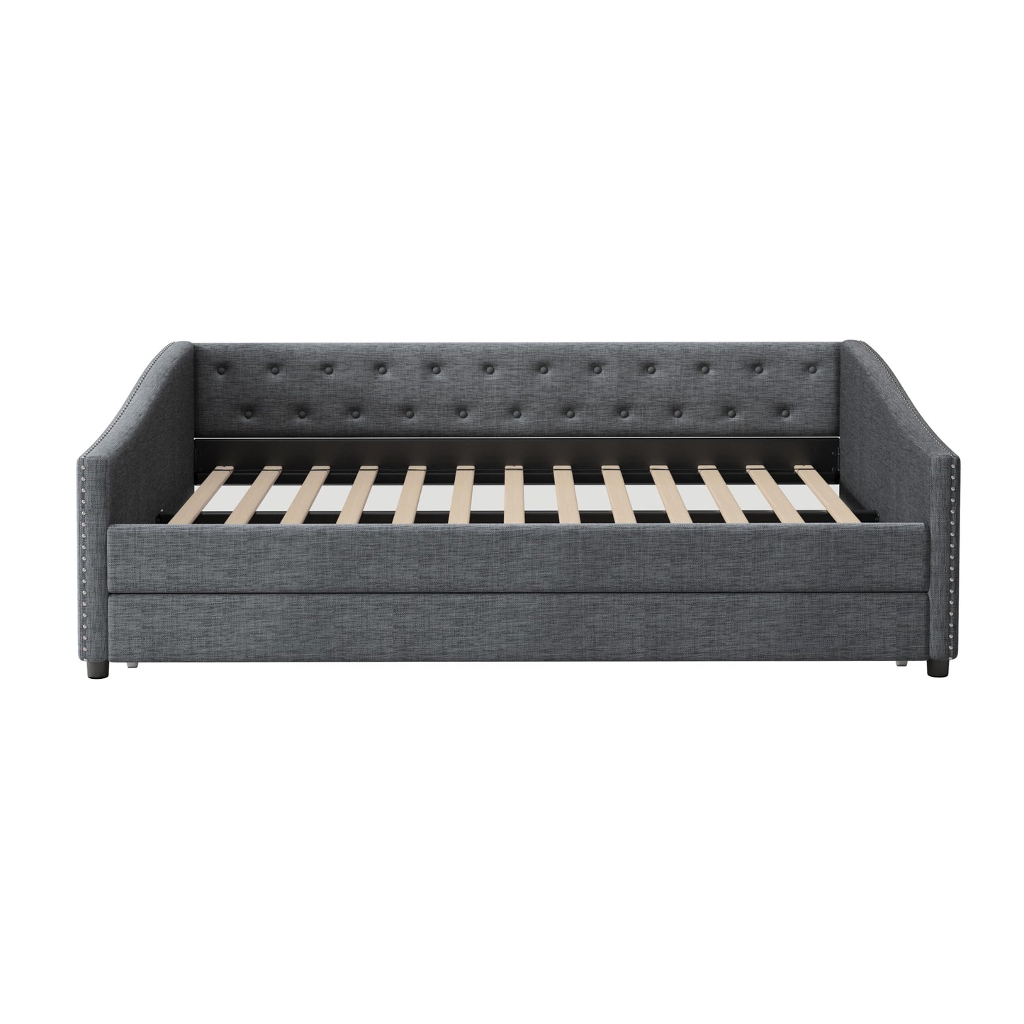 Ball & Cast Full Size Upholstered Tufted Daybed with Twin-Size Trundle, Bed Frame w/Button Tufted Back and Waved Shape Arms,for Bedroom,Guest Room,Apartment,Dark Grey