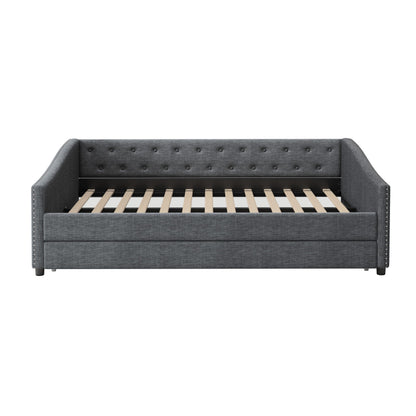 FAVSH Upholstered Daybed with Trundle, Full Size Day Bed w/Button-Tufted Back and Piping on Waved-Shape Arms for Bedroom or Guest Room, No Box Spring Required, Dark Gray