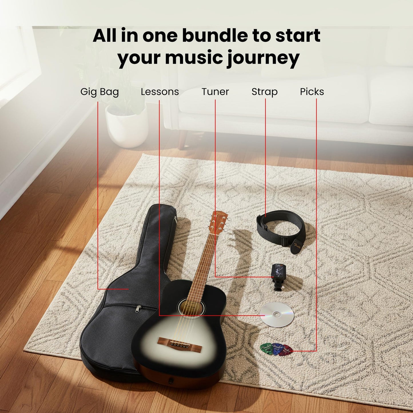 Fender FA-15 3/4-Scale Kids Steel String Acoustic Guitar - Moonlight Burst Bundle with Gig Bag, Tuner, Strap, Picks, and Austin Bazaar Instructional DVD