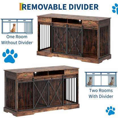 Garvee Double Dog Crate with Removable Divider, 63'' Extra Large Dog Cage Furniture with Sliding Doors & 2 Drawers, Multifunctional Indoor Pet House TV Stand for 2 Pets