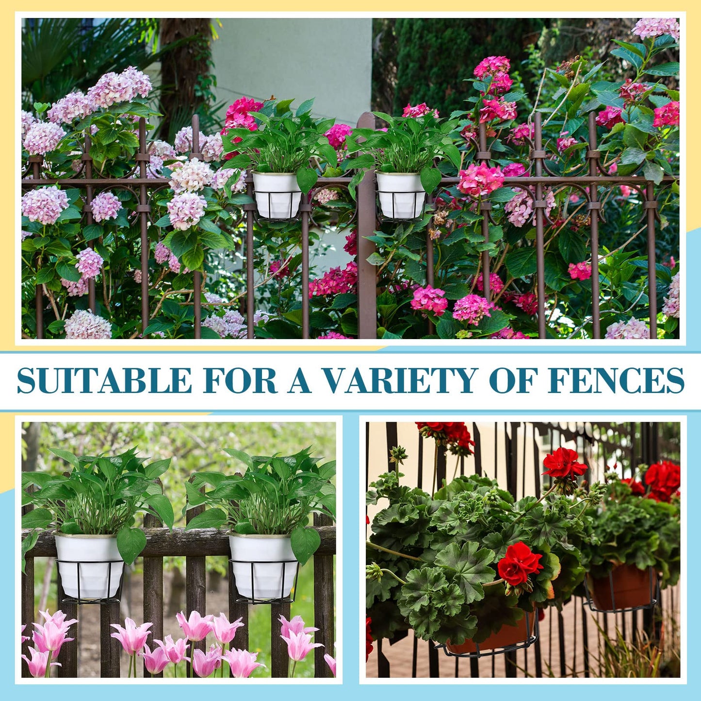 12 Pcs Hanging Railing Planters 6 Inch Flower Pot Holders Black Potted Stand Railing Planter Iron Rack Balcony Planter Basket Small Shelf Container for Indoor Outdoor Balcony Fence Garden Flower Pot