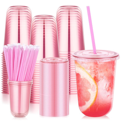 KesaPlan 50 Pack 16 oz Pink Plastic Party Cups with Lids and Straws, Disposable Iced Coffee Cup with Lids, Round Bottom Drinking Cups for Birthday Wedding Valentine's Galentine's Bachelorette Party