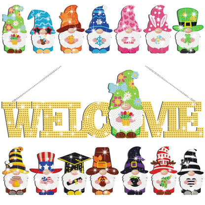 Yousoontic 15 Pcs Magnetic Diamond Art for Adults Interchangeable Gnome Seasonal Welcome Sign Gnome Door Hanger with Detachable Hat Hand DIY Rhinestone Painting Gift for Home Decoration