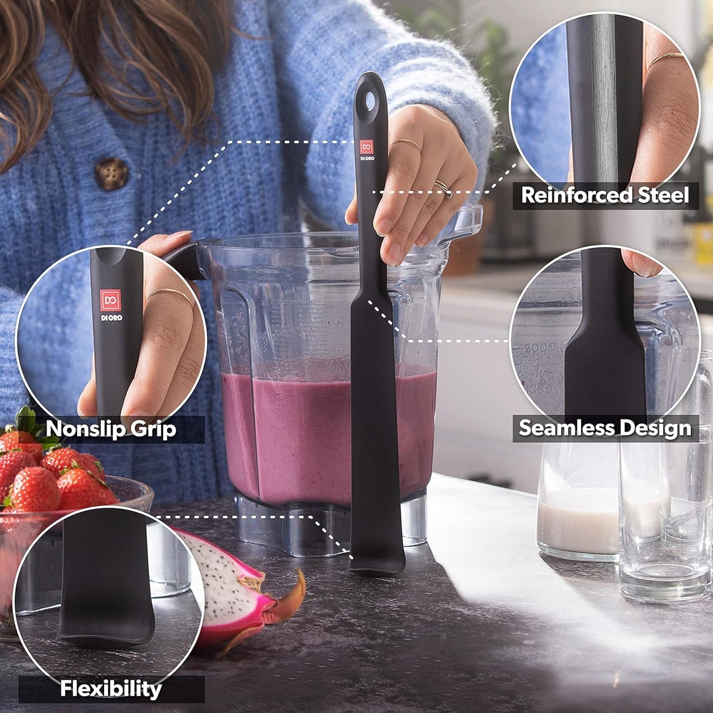 DI ORO Silicone Blender & Jar Spatulas, Rubber Spatulas Heat Resistant for Cooking, Mixing, Baking, 2pc Set, Black