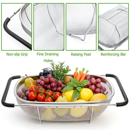Suwimut 2 Pack Over the Sink Oval Colander for Kitchen, Stainless Steel Fine Mesh 6 Quart Strainer Basket with Expandable Rubber Grip Handles for Straining, Draining, Rinsing Fruits, Vegetables