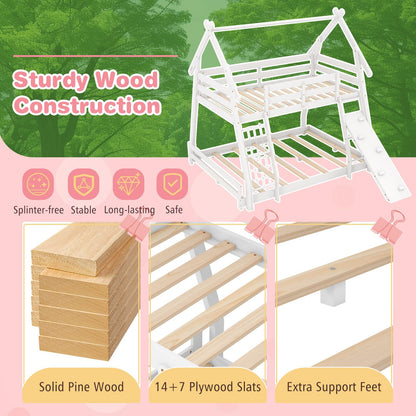 Giantex Twin Over Queen Bunk Bed, Wood House Bunk Bed for Kids with Climbing Nets and Ramp, Floor Queen Size Bunk Beds with Safety Guardrail, No Box Spring Needed, for Boys Girls Adults (White)